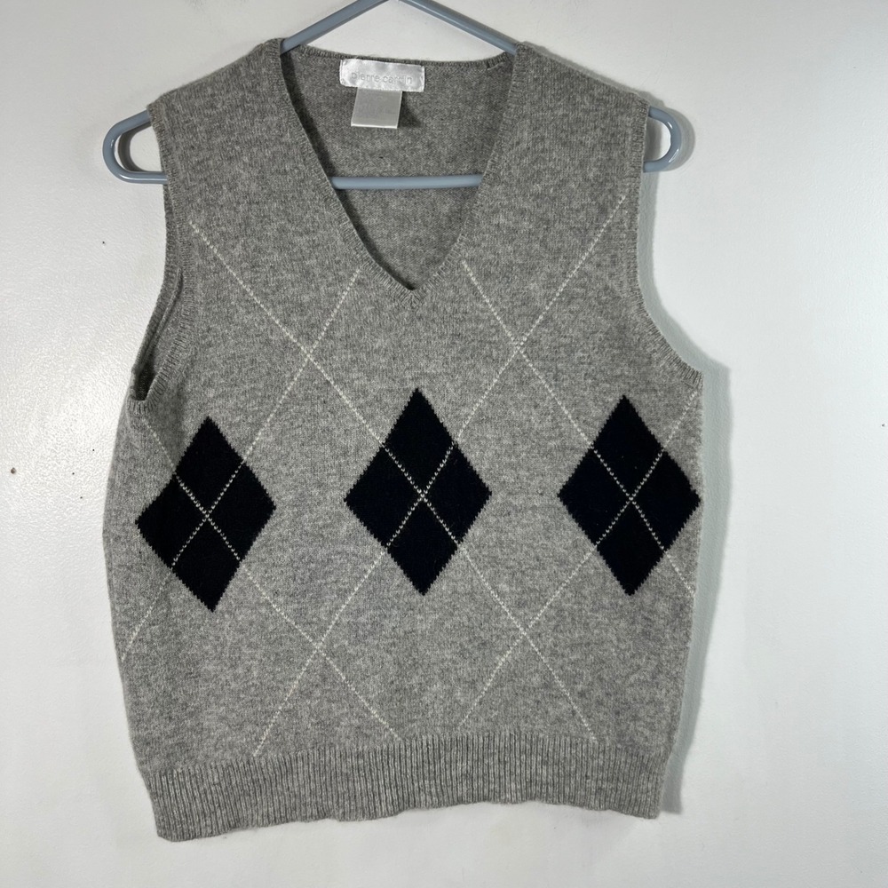 Womens Vintage Pierre Cardin V Neck Sweater Vest Black Gray M